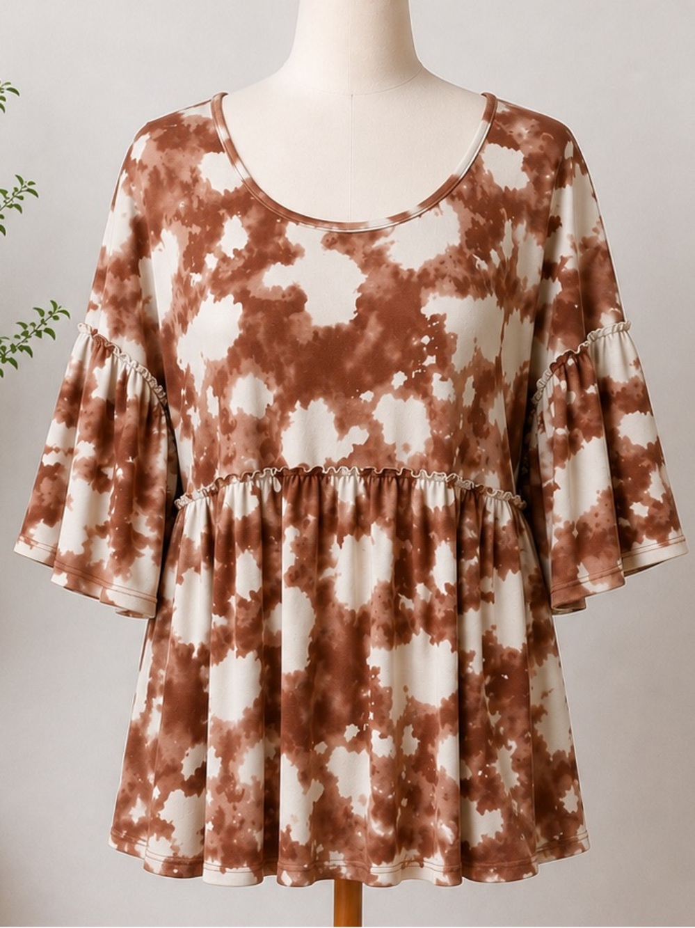 entro Brown and Cream Tie-Dye Peplum Tunic
